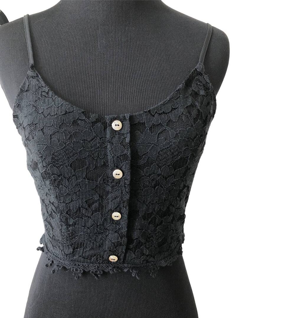 Paper Crane Black Lace Crop Top Front Gold Buttons Size Small
